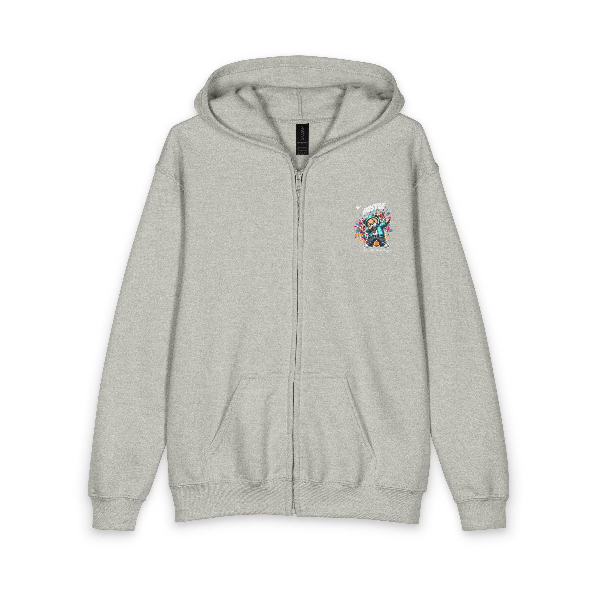 Kids Zip Hoodie — Colorful Streetwear Teddy Bear Graphic (‘Hustle’)