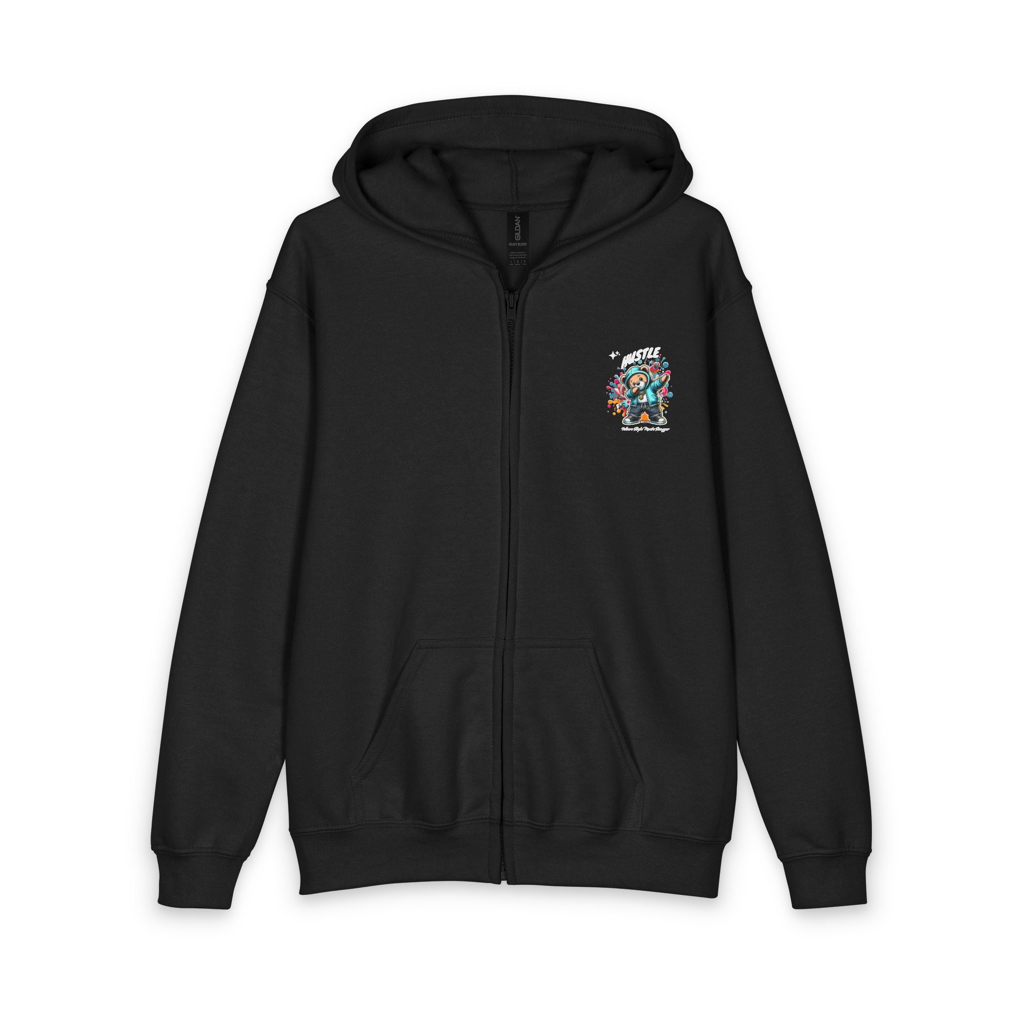 Kids Zip Hoodie — Colorful Streetwear Teddy Bear Graphic (‘Hustle’)