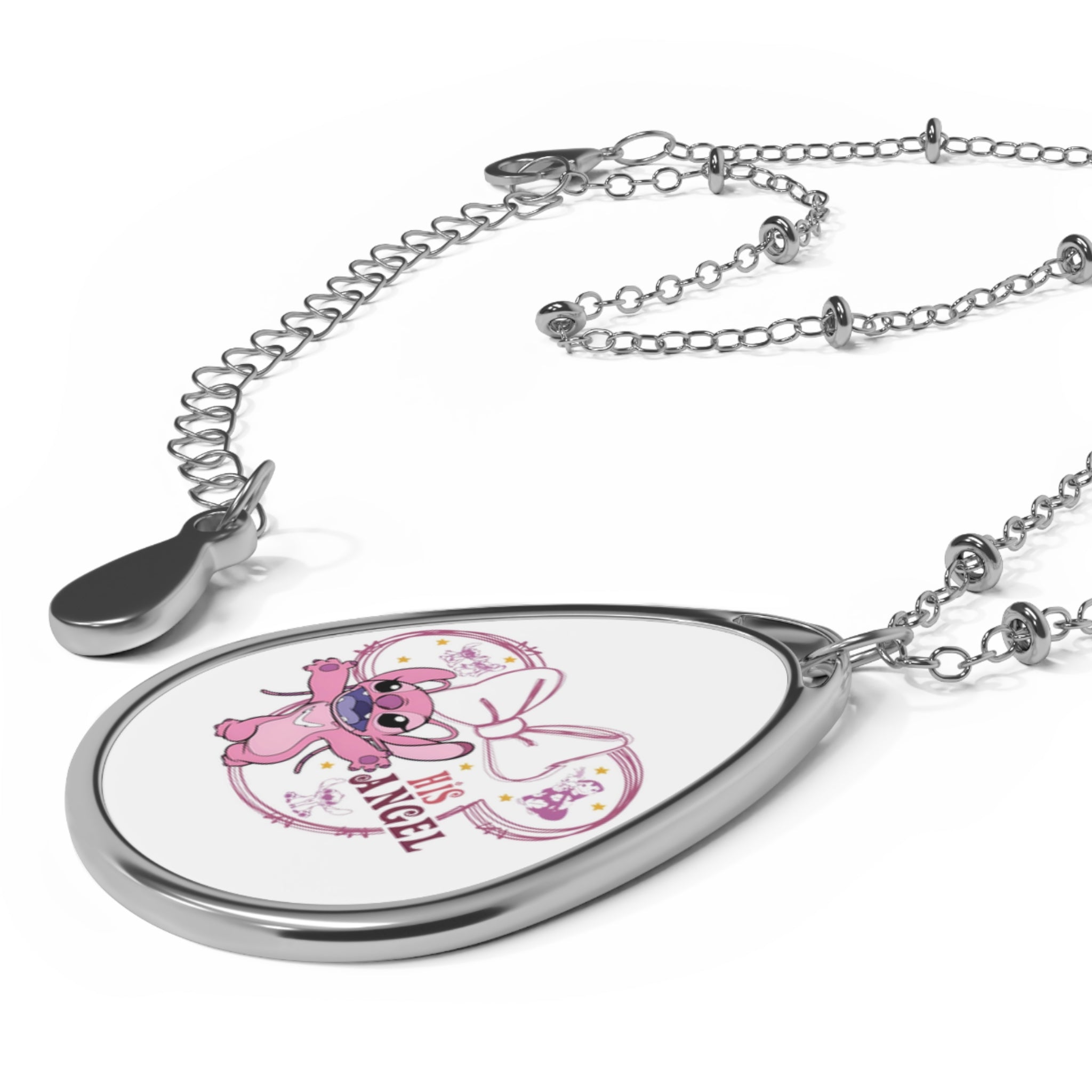 Silver Oval Angel Necklace — Cute Pink Bear 'His Angel' Pendant