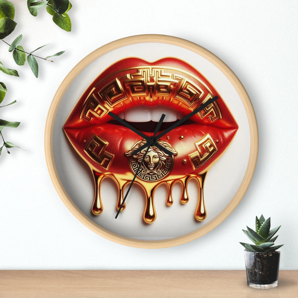 Gold Drip Lip Wall Clock — Luxe Red Lip Art Home Decor