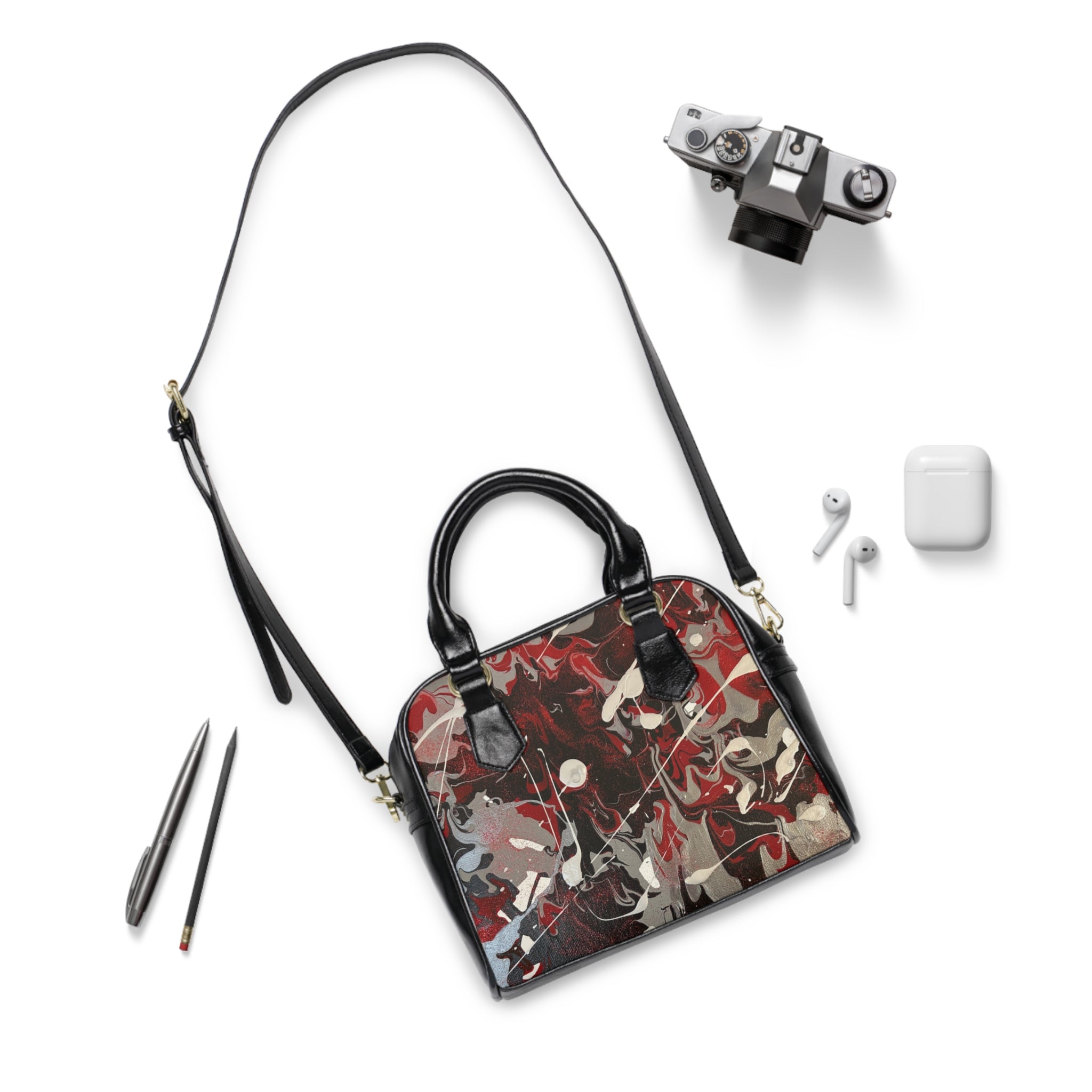 Abstract Red Marble Shoulder Handbag – Artistic Patterned Tote