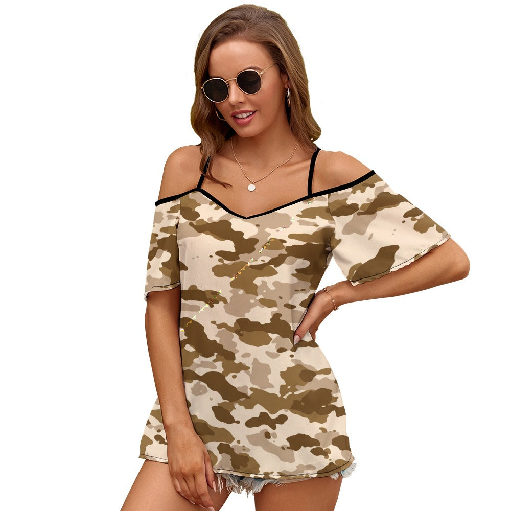Light Brown Camp Casual Ladies Off Shoulder Sling Short Sleeve Top
