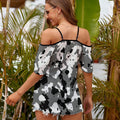 Black/Gray/White Camo Casual Ladies Off Shoulder Sling Short Sleeve Top