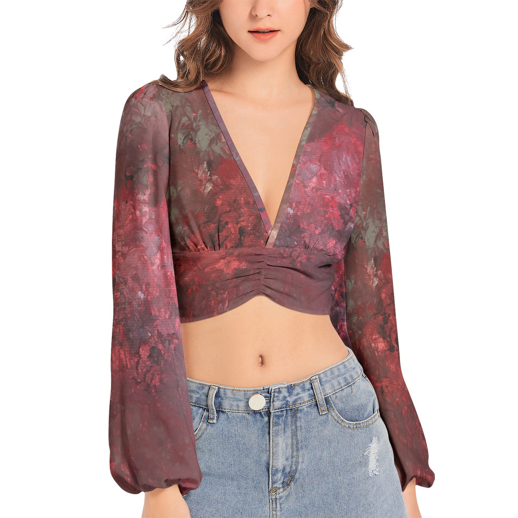 NDO Original Design Women's Deep V-Neck Lantern Sleeve Crop Top