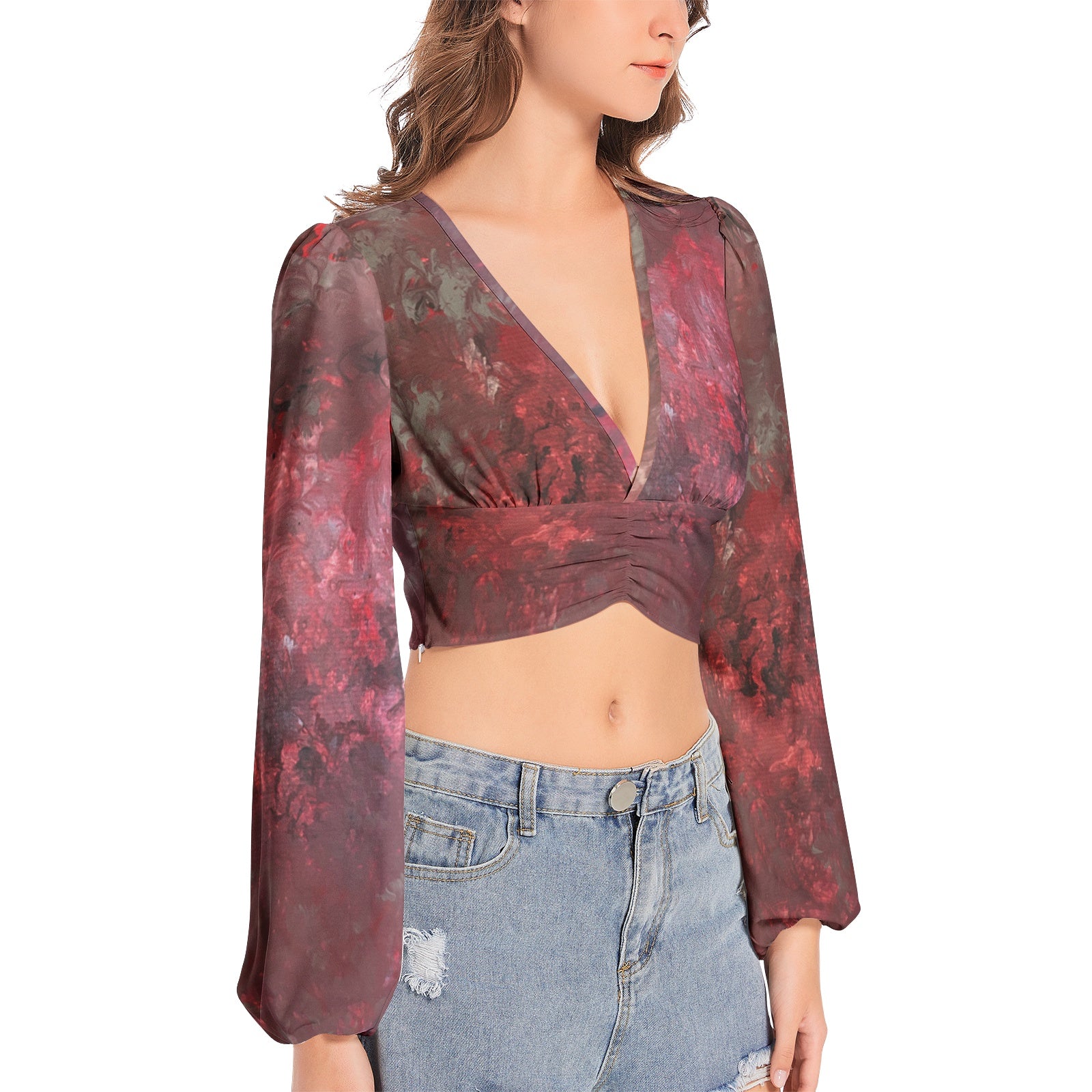 NDO Original Design Women's Deep V-Neck Lantern Sleeve Crop Top