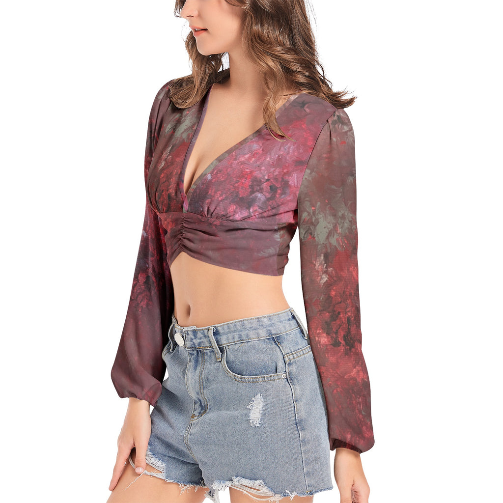 NDO Original Design Women's Deep V-Neck Lantern Sleeve Crop Top