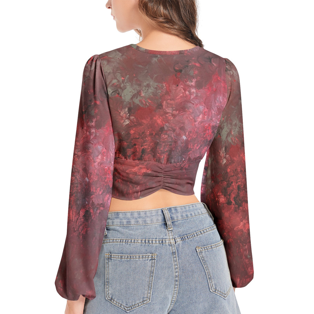 NDO Original Design Women's Deep V-Neck Lantern Sleeve Crop Top