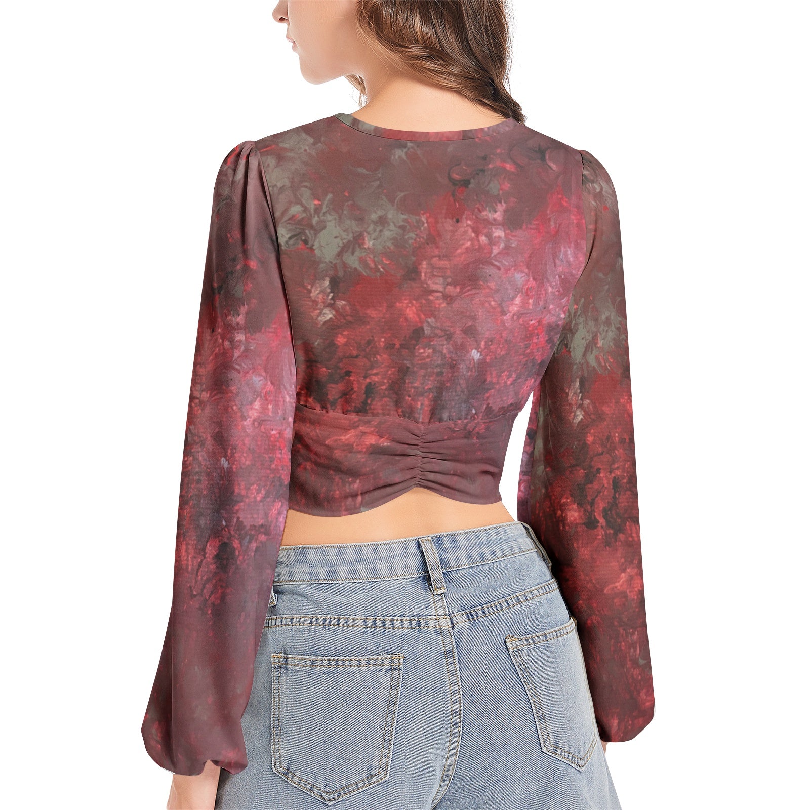 NDO Original Design Women's Deep V-Neck Lantern Sleeve Crop Top