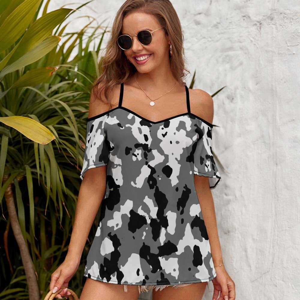 Black/Gray/White Camo Casual Ladies Off Shoulder Sling Short Sleeve Top
