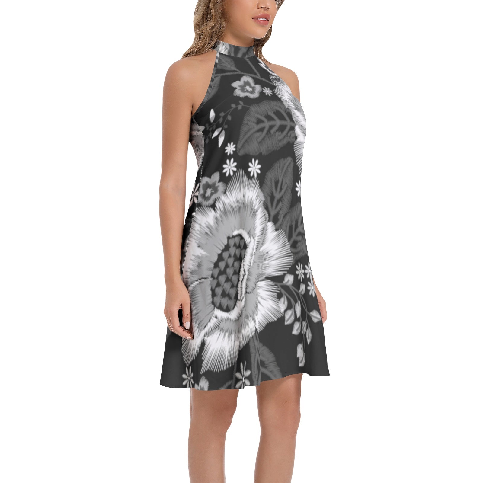 Tie Back Halter Neck Flared Dress