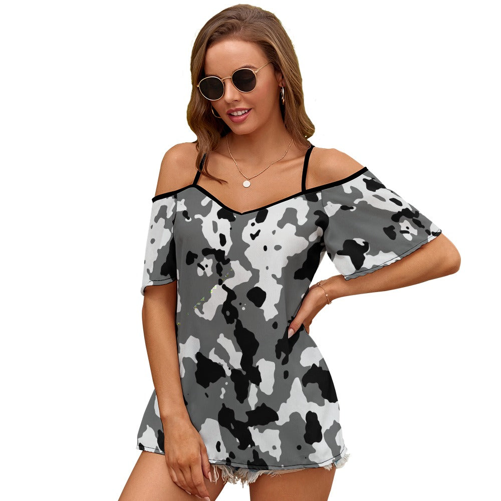 Black/Gray/White Camo Casual Ladies Off Shoulder Sling Short Sleeve Top